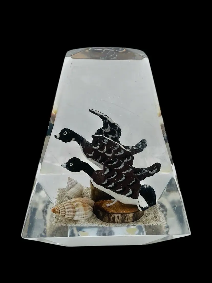 Lucite Obelisk Canadian Geese Paperweight