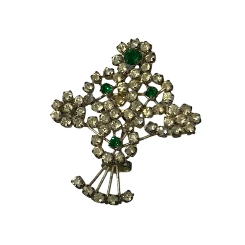 Vintage Clear And Emerald Green Rhinestone Brooch
