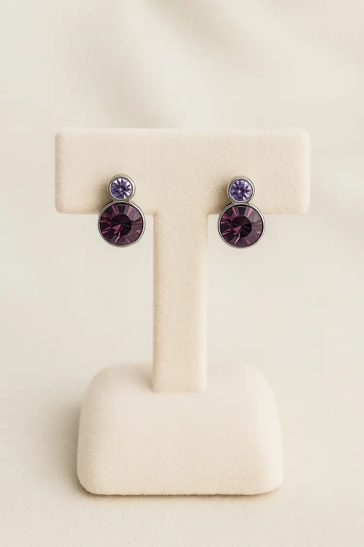 Purple Round Crystal Pierced Stud Earrings