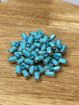 Vintage Turquoise Teal Aqua Baguette Rhinestone Cluster Brooch