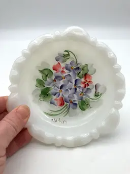 13 - Vintage Anchor Hocking Hand Painted And Signed Milk Glass Trinket Dish