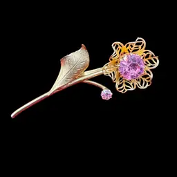 Vintage Gold Flower And Pink Rhinestone Costume Brooch