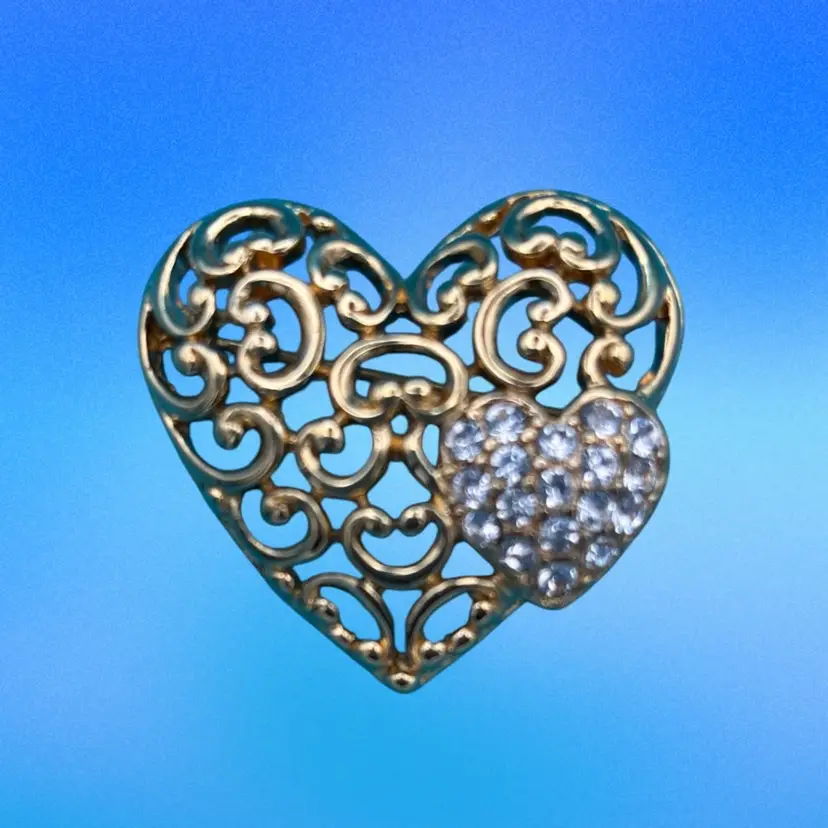 Vintage Monet Gold-Tone Openwork Heart Brooch with Rhinestone Accent Heart