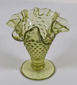 Vintage Fenton Green Hobnail Ruffle Top Pedestal Vase 4" Tall