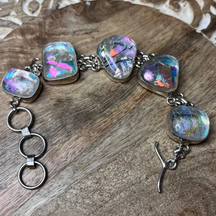 925 Sterling Silver Opalescent Dichroic Clear Glass  Link Bracelet