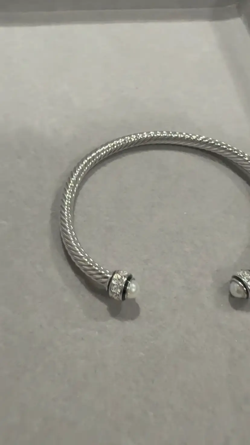 Silver Twist Cable Cuff Bracelet With Pearl And cz Accents