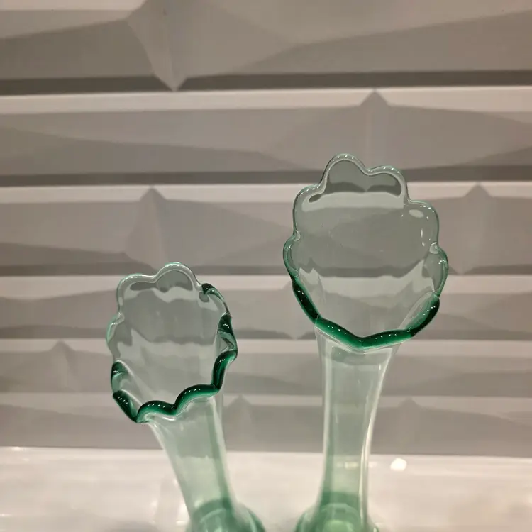 2-Depression Green Art Glass SWUNG STRETCH VASE 12" & 14" tall EUC