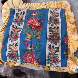 008 Vintage Handmade Rooster, Sunflower Floral Pillow Cover Ruffled Farmhouse Decor 27 1/2 Inch