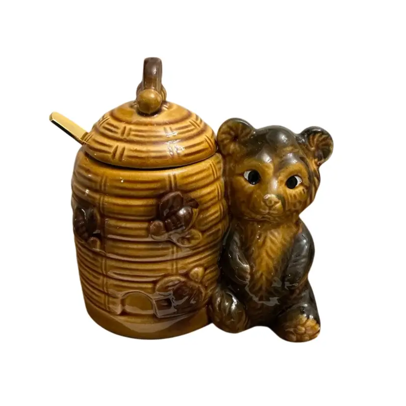 Vintage Armbee Ceramic Bear And Beehive Honey Pot Jar 5 1/2” X 5 1/2”