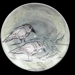 #266A Vintage Hand Thrown Pottery Bowl With Birds And Leaf Design. 10” In Diameter