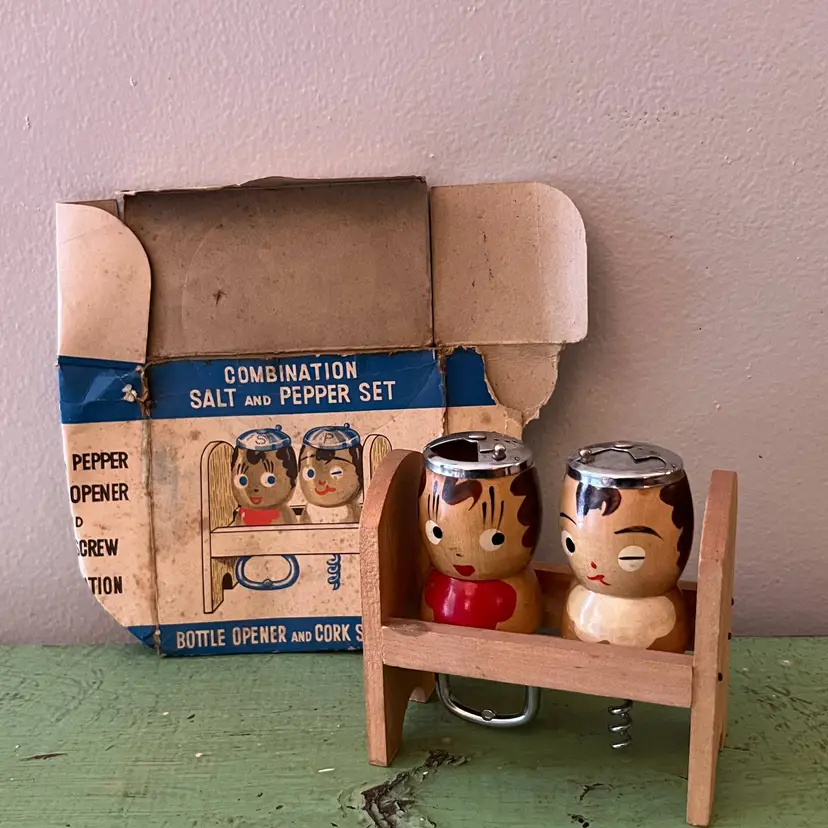 Vintage Kitsch Retro Salt and Pepper Set. Anthropomorphic Wooden S&P Cork Screw and Bottle Opener on Holder. Original Box Included.
