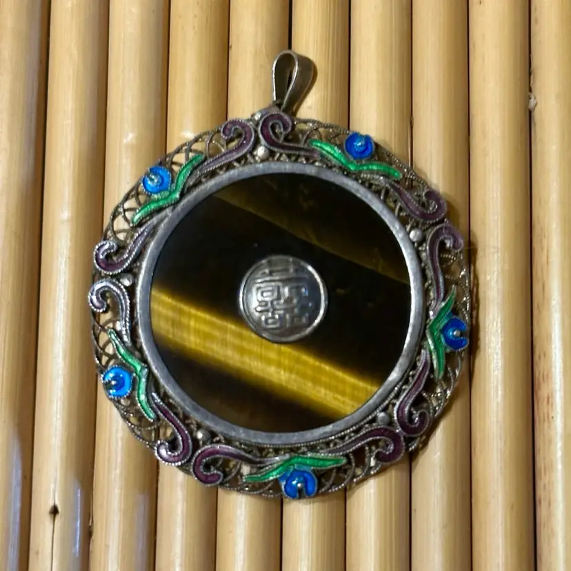 Chinese Export Sterling Silver Pendant w/ Enamel & Tigers Eye Center