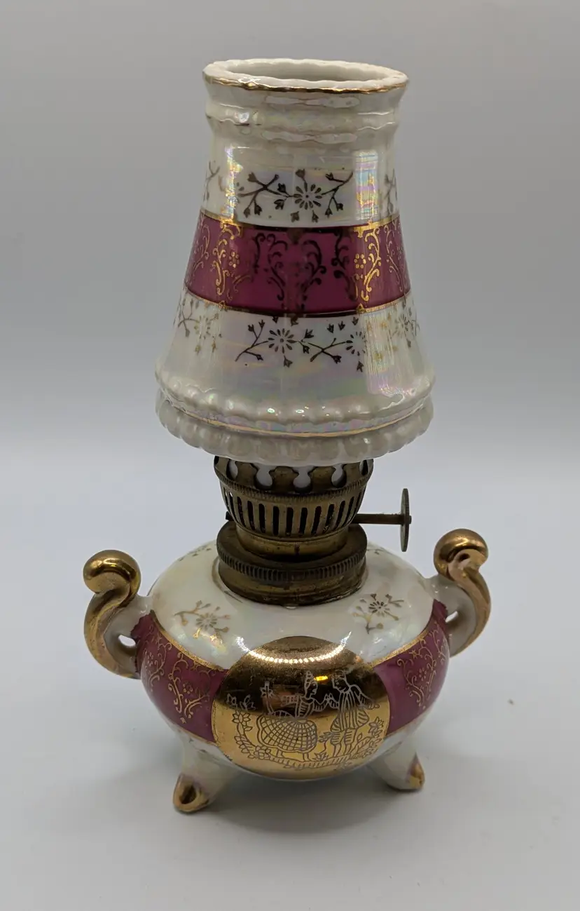 Vintage Japan Small Ceramic Hand Painted  Oil Lamp