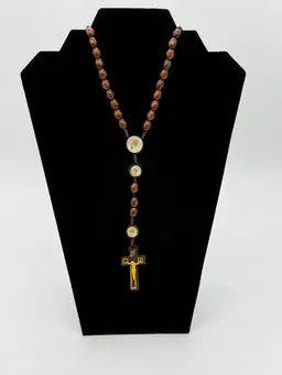 Pope Francis Catholic Rosary Prayer Necklace Double Sided Carved Wooden Beads