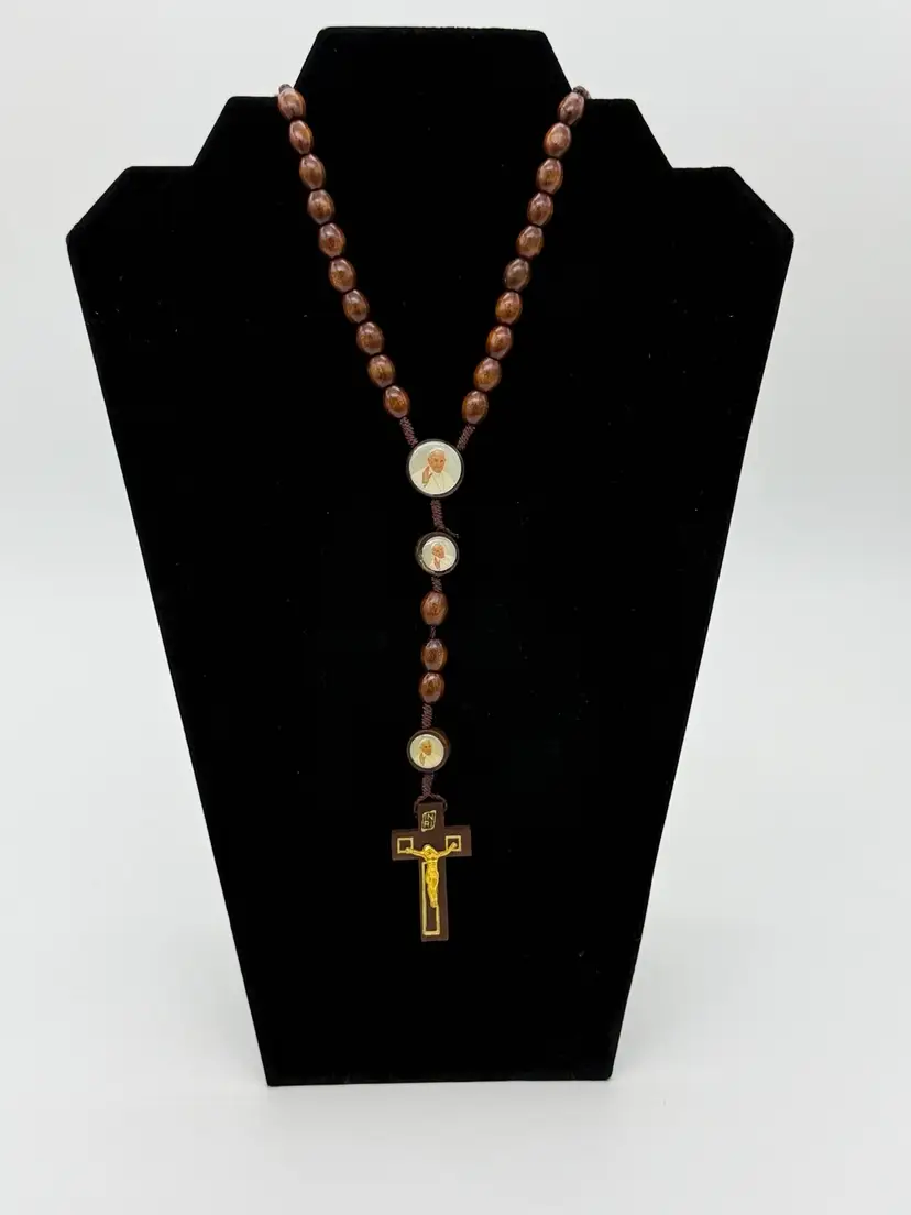 Pope Francis Catholic Rosary Prayer Necklace Double Sided Carved Wooden Beads