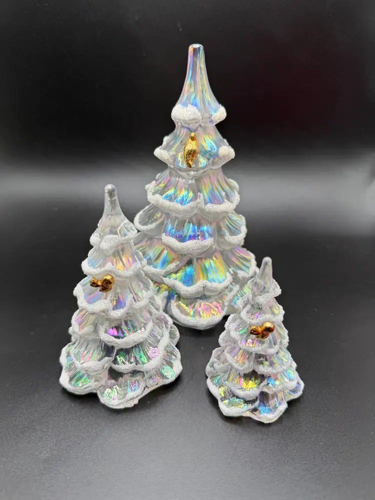 Fenton Iridescent Christmas Tree Trio – Gold Squirrels & Cardinal – 6.5”, 4.5”, 3.5” – Instant Collection