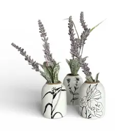 Trio Of White And Black Line Floral Print Ceramic Flower Vases