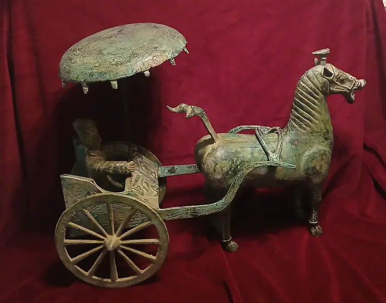 Vintage Qin Dynasty Bronze Horse, Carriage  and Rider Sculpture