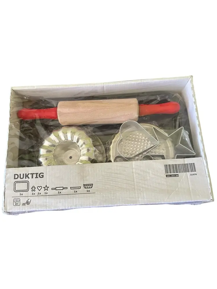 IKEA DUKTIG 7 Piece Kids Real Toy Baking Set Rolling Pin Tray Cake Tart Pans