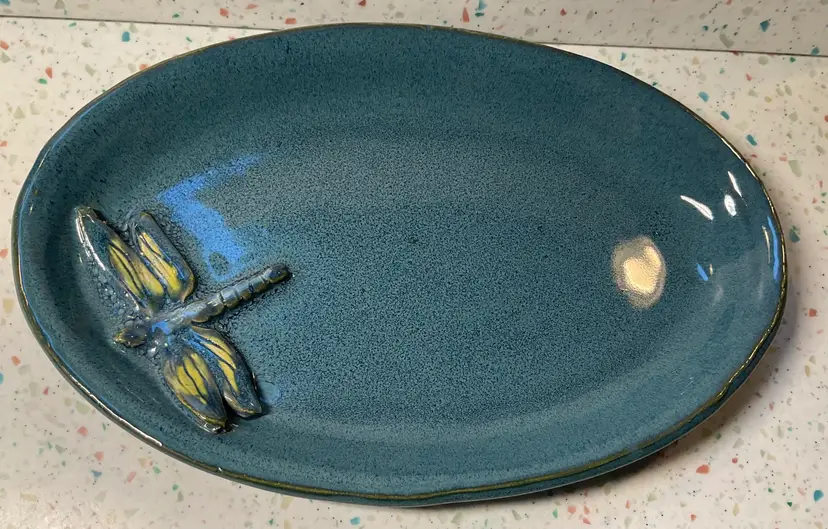 #01 Dragonfly studio pottery dish 11” x 7”x2” blue speckled glaze with yellow on wings