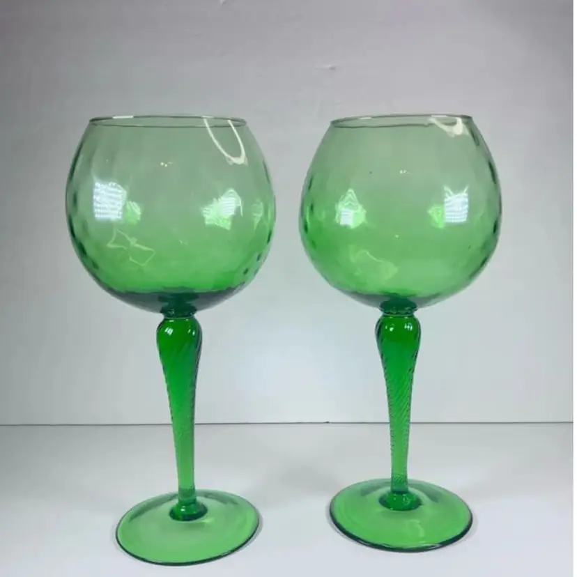 MCM Emerald Green Optic Glass Twisted Stem Brandy Snifter/Large Goblet Set of 2