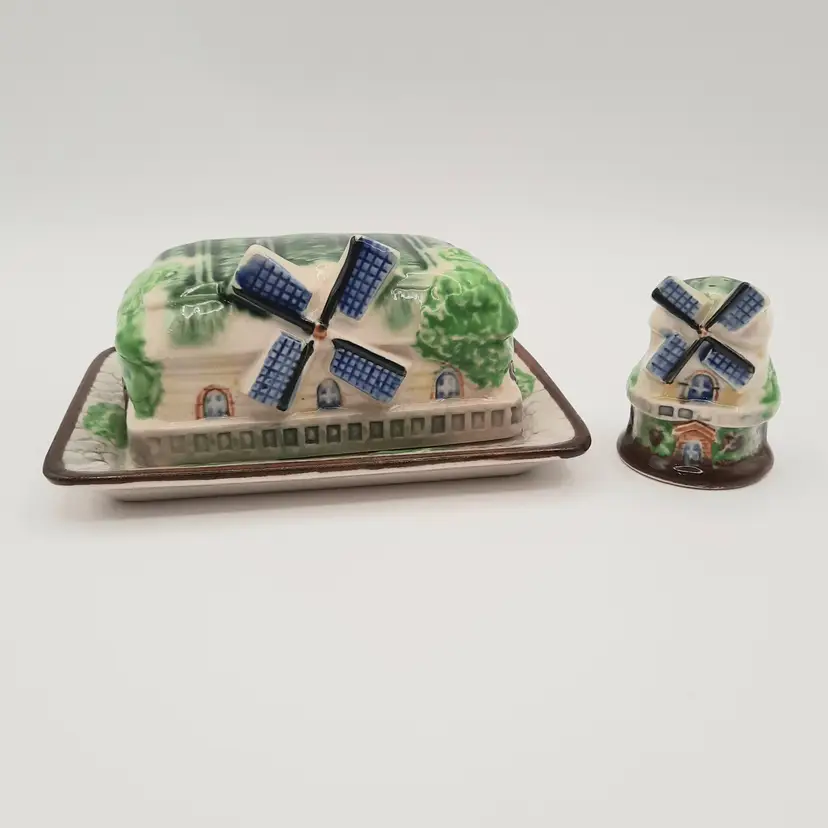 Vintage Windmill House Trees Butter Dish and Single Shaker Made in Japan