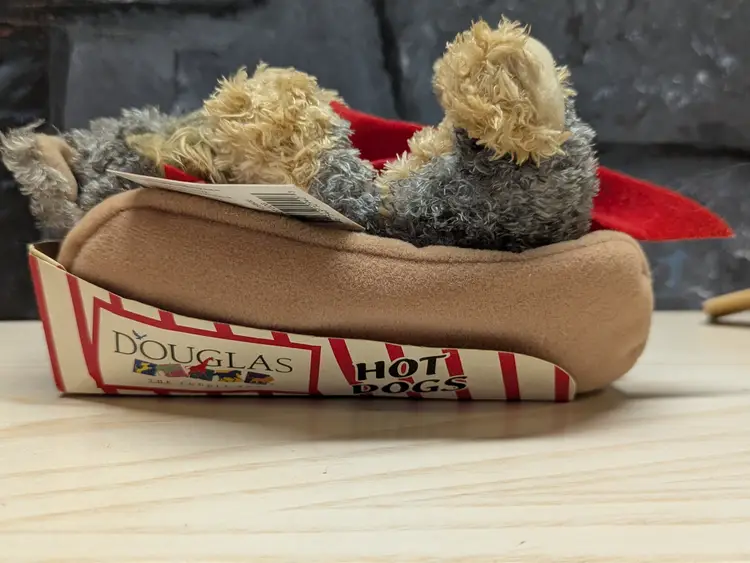 Douglas The Cuddle Toy 8" Yorkie Hot Dog Plush Puppy Ketchup Bun Hotdog Vintage tags Stuffed Animal