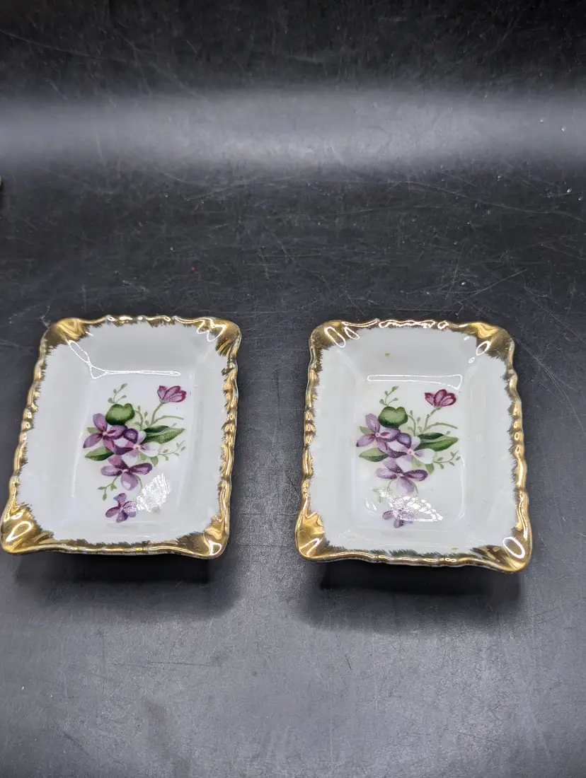 Vintage Lot of 2 Hand Painted Violets By Fern Ashtray Trinket Dishes