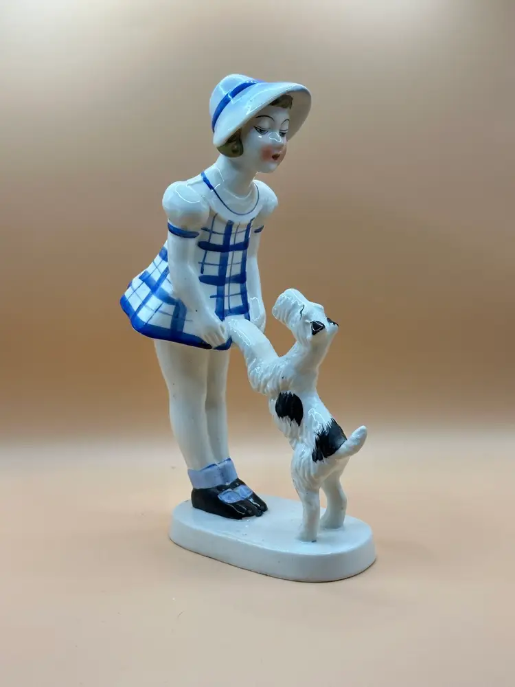 Antique Ceramic Art Deco Girl in Blue Dress w/ Terrier Dog Jumping Up