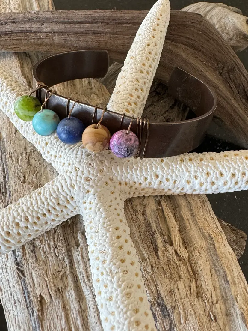 #13 Bright Multi Color Wire Wrapped Bead On A Bronze Brass Cuff Bracelet 1/2” Wide