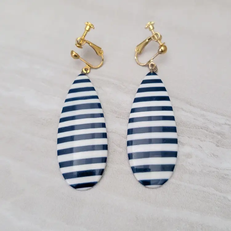 Vintage Clip On Earrings 2 & 5/8" Navy Blue & White Stripe Dangle Statement