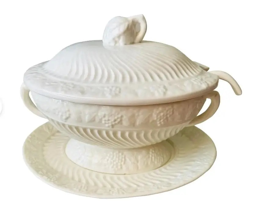 California Pottery Soup Tureen: Vintage White with Grape Motif (3-Piece Set)