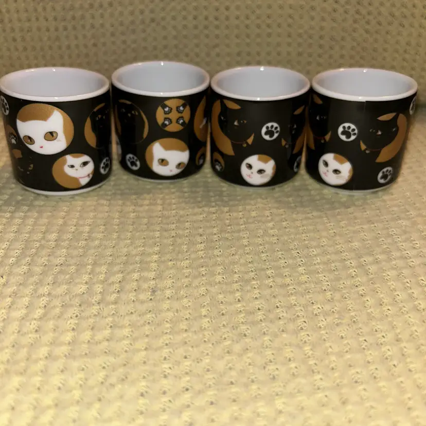 Set Of 4 Crazy Cats Saki Cups Black & Gold Made In Japan