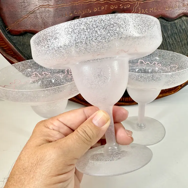 PINK SCRIBBLE Frosted MARGARITA GLASSES Set/3 MCM 50s Barware ATOMIC Eames Era