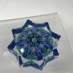 Strathearn Art Glass 8 Point Star with Millefiori Paperweight with Partial Label