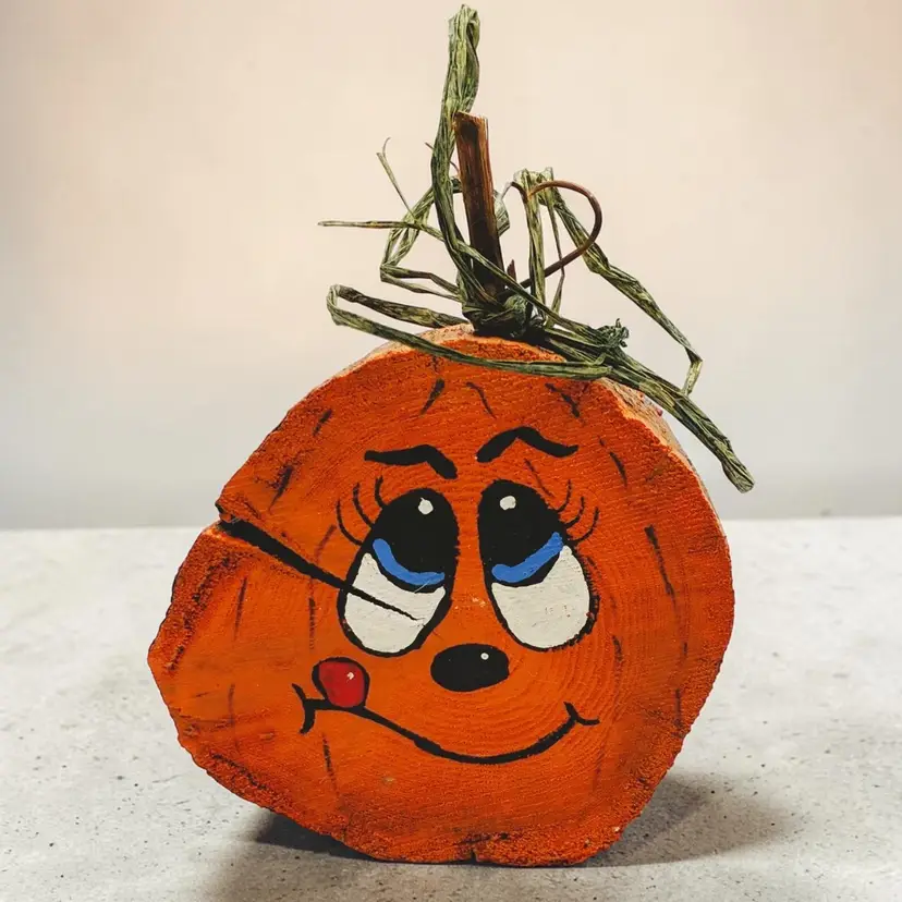 Pumpkin Log Hand Painted Funny Smiling Crafted Primitive Fall Halloween Decor