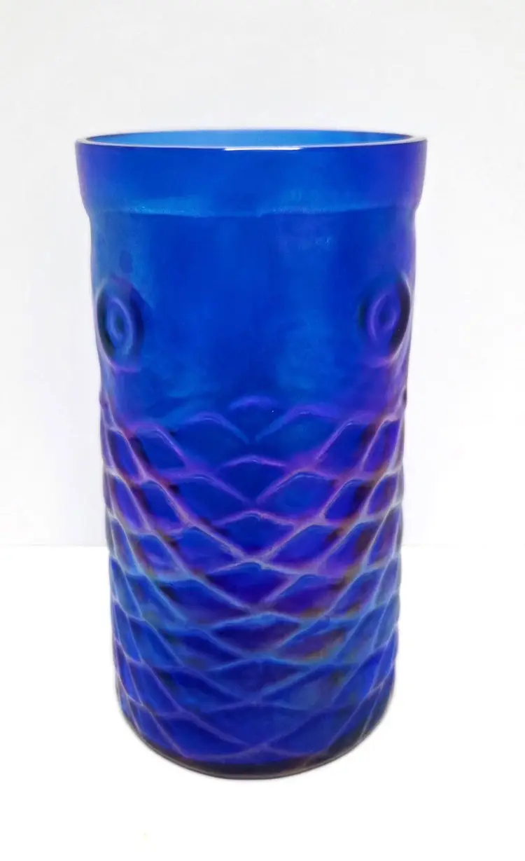 RARE John Cook Blown Glass Koi Fish Tumbler/Cobalt Blue Art Glass/Purple Iridescence/Fish Scales & Eyes/Collectible/Vase/Artist Signed