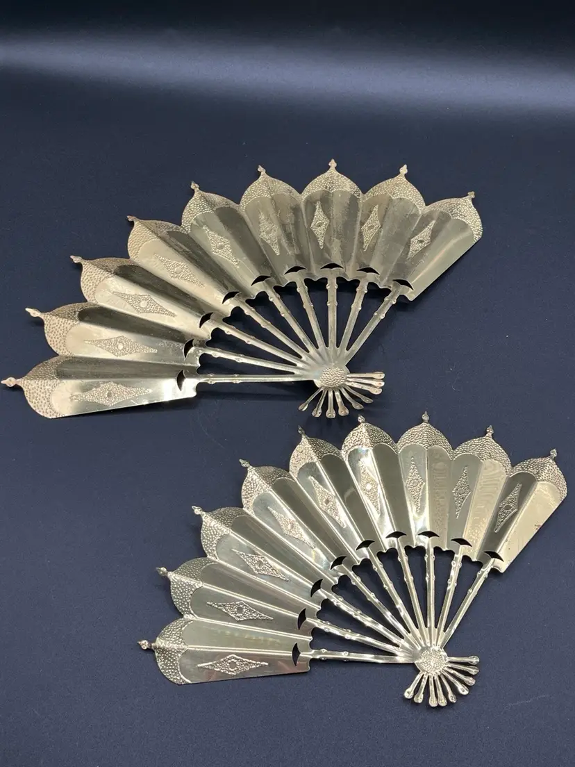 Pair Of Gold Tone Metal Fans Wall Decor 12”