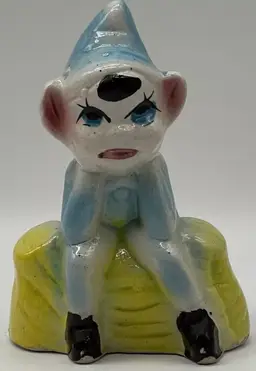 Vintage Ceramic Blue Pixie Elf Figurine Sitting On Bench Kitschy