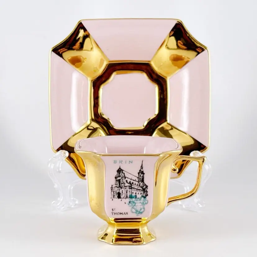 H&C Haas and Czjzek Rosa Porzellan Demitasse Cup and Saucer, Vintage Made in Czechoslovakia
