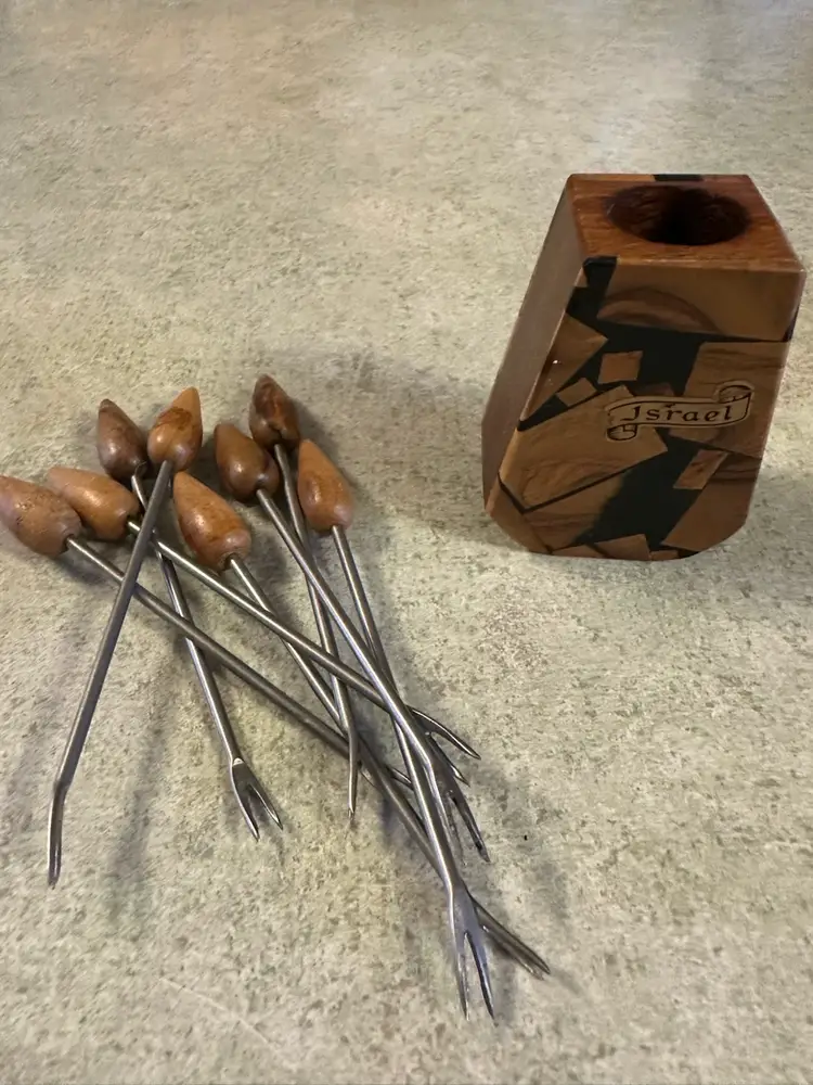 Wooden appetizer/olive picks with holder from Israel.