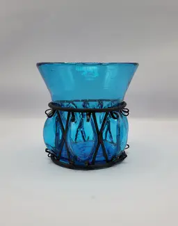 Blue caged glass candle holder/vase