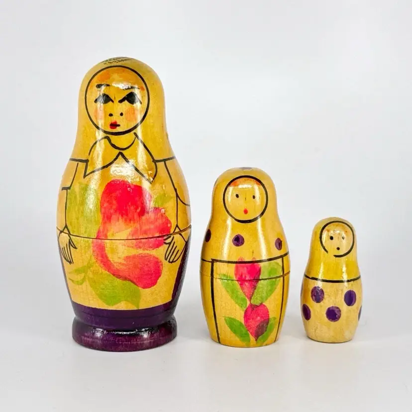 3 Vintage Russian Matryoshka Babushka Nesting Dolls, Hand-Turned Wood with Hand-Painted Flowers
