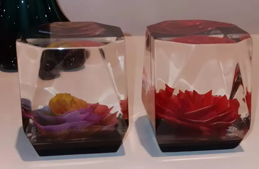 Pair Of Lucite Paperweights with Roses