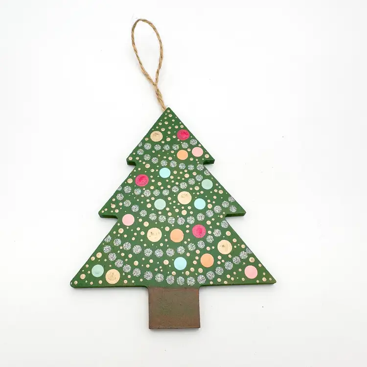 Christmas Tree Hand Painted Wood Ornament 5"H 4"W