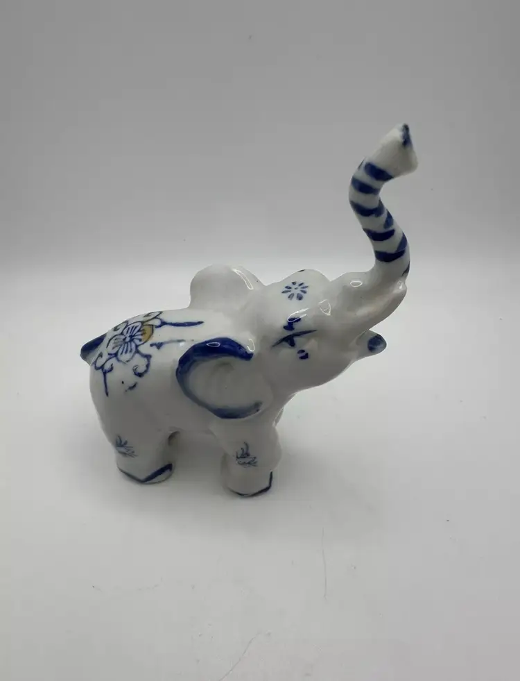 Vintage Elephant Porcelain White & Blue Figurine Trunk Up 5" X 4.5"