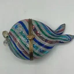 Murano Glass Fish Lattimo Garza Rainbow Gold Aventurine Hinged Trinket Box