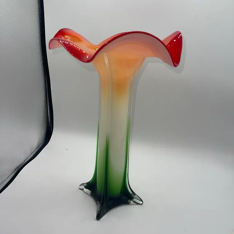 Vintage Tulip Vase Hand Blown Cased Art Deco Glass Trumpet Red Green White 14.5”