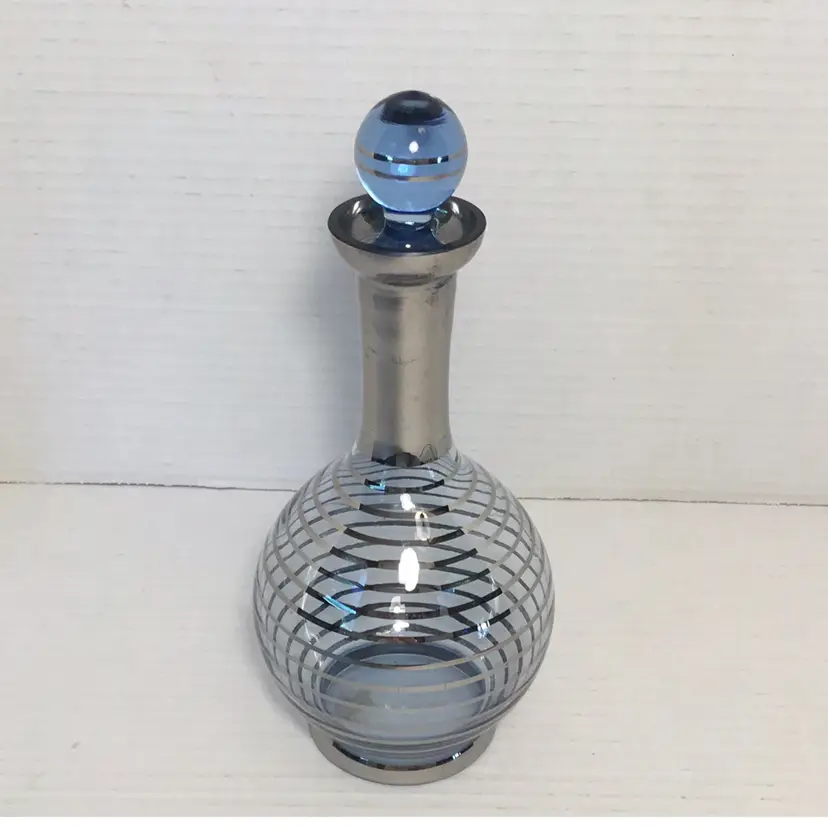 MCM Blue Decanter With Sliver Striped Overlay