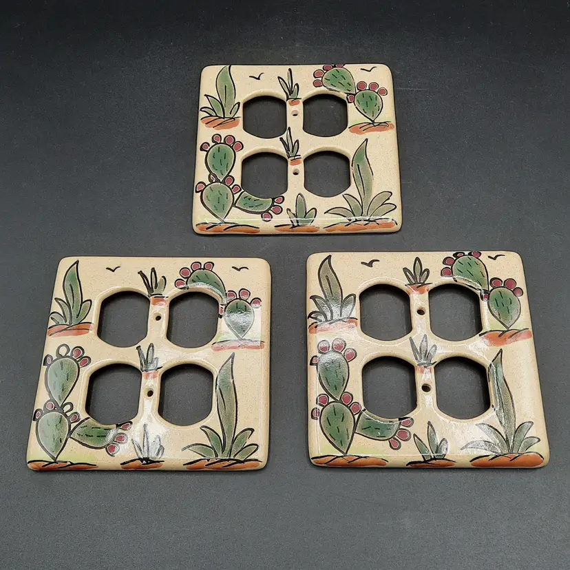 Talavera Mexico Cactus Outlet Covers for 4 Outlet Quad Outlet Set of 3